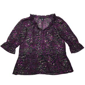 Apostrophe Top Women Medium Purple Leopard Floral Sheer Bell Sleeve Boho Peasant